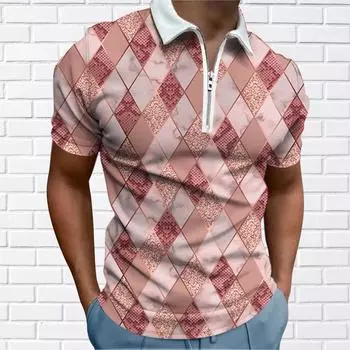 Мужская рубашка-поло, повседневная рубашка на молнии с коротким рукавом, модная повседневная рубашка на молнии на лето и весну, стандартная посадка, рубашка с 3D блочным принтом XS оранжевый