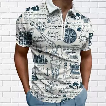 Мужская рубашка-поло, повседневная рубашка на молнии с коротким рукавом, модная повседневная рубашка на молнии на лето и весну, стандартная посадка, рубашка с 3D принтом XS чёрный