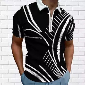 Мужская рубашка-поло, повседневная рубашка на молнии с коротким рукавом, модная повседневная рубашка на молнии на лето и весну, стандартная посадка, рубашка с 3D принтом линий передач XS чёрный