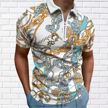 Мужская рубашка-поло, повседневная рубашка на молнии с коротким рукавом, модная повседневная рубашка на молнии на лето и весну, стандартная посадка, рубашка с 3D железной цепочкой и принтом XS чёрный