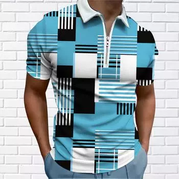 Мужская рубашка-поло, повседневная рубашка на молнии с коротким рукавом, модная повседневная рубашка на молнии на лето и весну, стандартная посадка, синяя рубашка с 3D квадратным принтом XS синий
