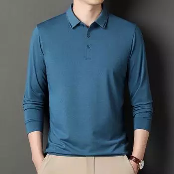 Мужская рубашка поло с длинным рукавом и лацканами, повседневная однотонная футболка с низом, деловой верх M