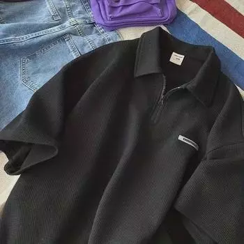 Мужская рубашка-поло с длинным рукавом в гонконгском стиле, вафельная, с застежкой-молнией до середины бедра, модный свободный повседневный топ 2XL