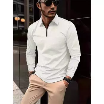 Мужская рубашка поло с длинным рукавом, застегивающаяся на четверть длины, с воротником-молнией, однотонный деловой повседневный топ, пуловер, рубашка для гольфа, футболки S светло-серый