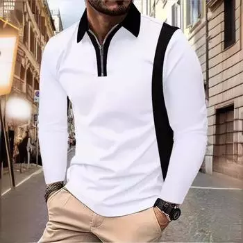 Мужская рубашка поло с длинными рукавами и цветными блоками, модная мужская рубашка поло с лацканами, двухцветная модная мужская одежда S белый