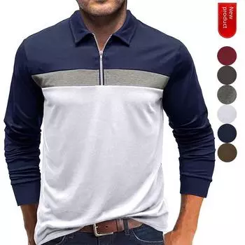 Мужская рубашка-поло с длинными рукавами и цветными блоками на молнии Henley — повседневная одежда с лацканами на осень/зиму US size XXL темно-серого