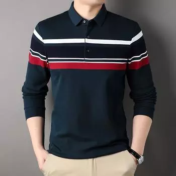 Мужская рубашка поло с длинными рукавами. Мужская осенняя новая нижняя рубашка с длинными рукавами. Полосатая хлопковая деловая футболка контрастного цвета.