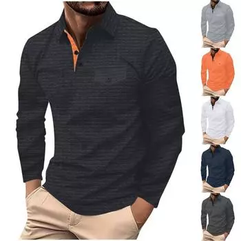 Мужская рубашка-поло с длинными рукавами, однотонная клетчатая рубашка с карманами на пуговицах, спортивный воротник, рубашка-поло, мужской топ S белый