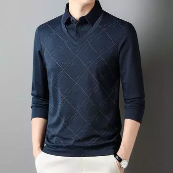 Мужская рубашка поло с длинными рукавами, повседневная высококачественная футболка с ромбовидным узором, состоящая из двух частей M тёмно-синий