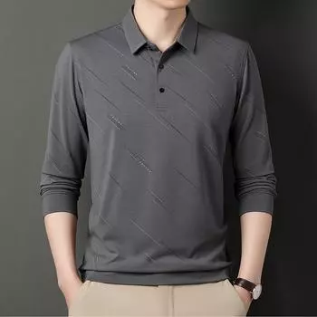 Мужская рубашка-поло с длинными рукавами среднего и пожилого возраста, топы, весенне-осенняя новая полосатая повседневная деловая футболка с принтом для мужчин M