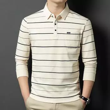 Мужская рубашка поло с карманами и длинными рукавами в полоску M