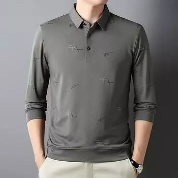 Мужская рубашка поло среднего размера с длинными рукавами, деловая повседневная футболка с лацканами и принтом букв M серый