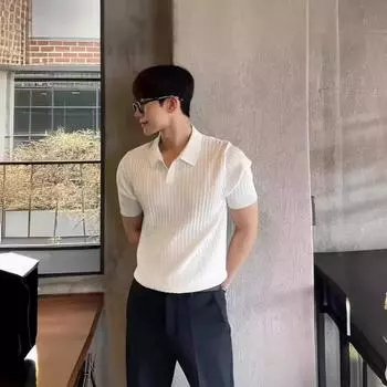 Мужская рубашка поло в корейском стиле с лацканами - с короткими рукавами, красивая, однотонная трикотажная рубашка для зрелого возраста XXL зелёный