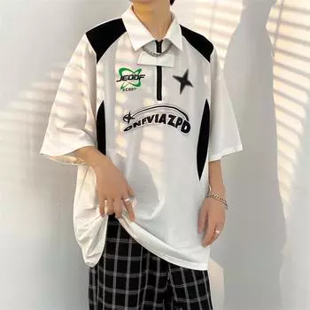 Мужская рубашка-поло в стиле хип-хоп в стиле Harajuku Hong Kong, с короткими рукавами, летний тренд, повседневный стиль M белый