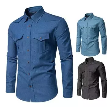 Мужская рубашка повседневная с длинным рукавом однотонная мужская приталенная деловая рубашка Tide с двумя карманами рубашки карго для мужчин простой дизайн S темно-синий