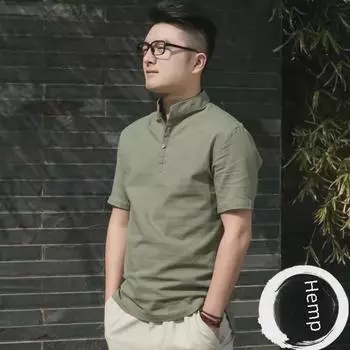 Мужская рубашка-пуловер из хлопка и льна в стиле ретро в китайском стиле с воротником-стойкой и короткими рукавами L зелёный