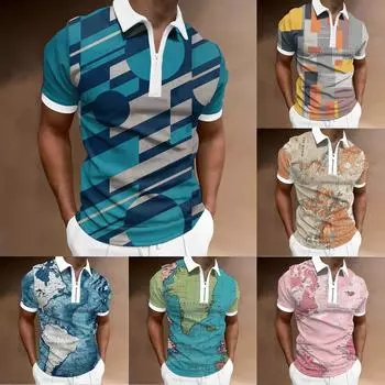 Мужская рубашка Рубашка для гольфа Ретро Цветовой контраст На открытом воздухе Уличный с короткими рукавами С принтом Одежда Модельер Повседневный Дышащий M циан