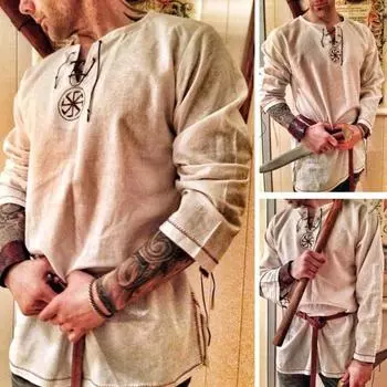 Мужская рубашка Рыцарь Косплей Средневековый костюм Туника Хэллоуин Косплей Костюмы Мужчины Взрослый Викинг Пират Маскировка Необычная одежда Карнавальная рубашка 3XL хаки