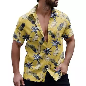 Мужская рубашка с 3D принтом ананаса, рубашка на пуговицах, повседневная рубашка, летняя рубашка с короткими рукавами, повседневная одежда для отпуска XS жёлтый