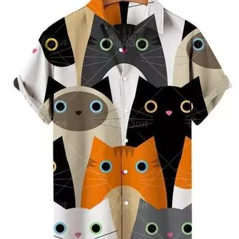 Мужская рубашка с 3D-принтом в виде черно-белого кота, повседневная модная повседневная мужская рубашка с коротким рукавом S