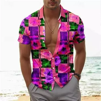 Мужская рубашка с 3D-розовым принтом цветов персика, рубашка на пуговицах, повседневная рубашка, летняя рубашка с короткими рукавами, повседневная одежда для отпуска XS синий