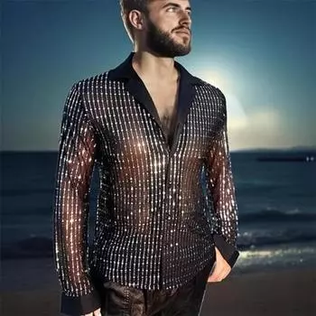 Мужская рубашка с блестками и длинным рукавом, на пуговицах, с лацканами, рубашка в стиле диско в стиле ретро, сексуальные тонкие рубашки для бара, танцев, ночного клуба, диско-вечеринки L чёрный