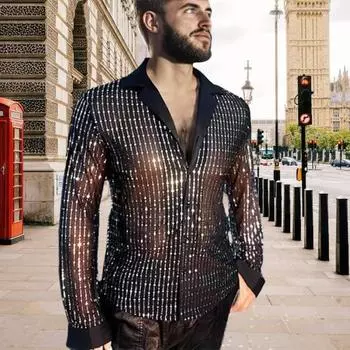 Мужская рубашка с блестками и пайетками, с длинным рукавом, на пуговицах, в стиле диско, ретро, сексуальная L чёрный