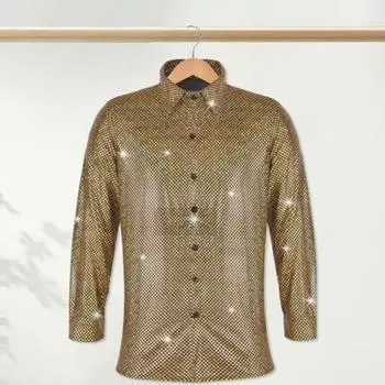 Мужская рубашка с блестящей поверхностью и отложным воротником, однобортная, с длинными рукавами и пуговицами, атласная клубная вечеринка, дискотека M