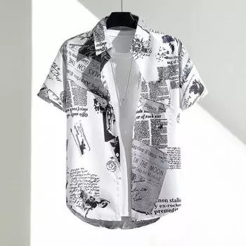 Мужская рубашка с буквенным принтом, лед с короткими рукавами, Гавайский тропический стиль, шелковый свободный однобортный отложной воротник, быстросохнущий, мягкий XL чёрный