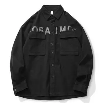 Мужская рубашка с буквенным принтом, свободный размер, весна-осень, длинный рукав, повседневный свободный кардиган с карманом на пуговицах, пальто S чёрный