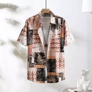 Мужская рубашка с цветным цифровым принтом кешью и короткими рукавами, свободный однобортный отложной воротник, быстросохнущий S коричневый