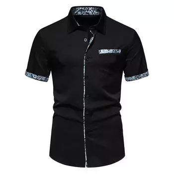 Мужская рубашка с цветными блоками и цветком кешью, повседневные однобортные повседневные рубашки с короткими рукавами и карманами L чёрный