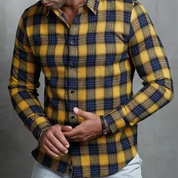 Мужская рубашка с цветными блоками и клетчатым принтом, однобортный свободный кардиган с длинными рукавами и лацканами, уличная одежда, повседневный кардиган M оранжевый