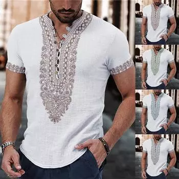 Мужская рубашка с цветочным графическим принтом и воротником-стойкой, уличная одежда с коротким рукавом и принтом, модная уличная одежда, повседневная одежда L серый