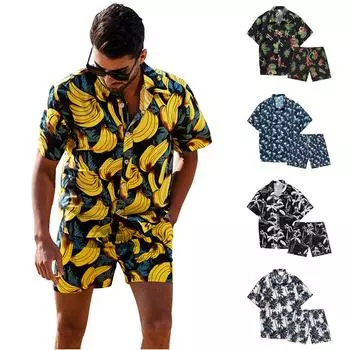 Мужская рубашка с цветочным принтом, гавайские комплекты, повседневная рубашка на пуговицах с коротким рукавом XXL жёлтый
