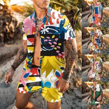 Мужская рубашка с цветочным принтом, гавайские комплекты, повседневная рубашка на пуговицах с коротким рукавом L синий