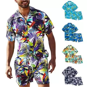 Мужская рубашка с цветочным принтом, гавайские комплекты, повседневная рубашка на пуговицах с коротким рукавом L