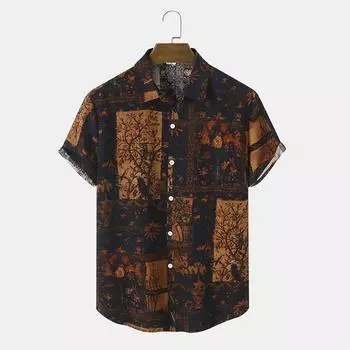 Мужская рубашка с цветочным принтом в стиле ретро, мужская повседневная рубашка с отложным воротником и коротким рукавом S коричневый