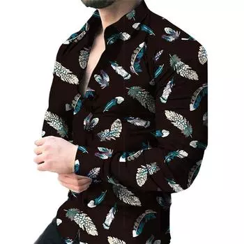 Мужская рубашка с длинным рукавом и 3D-принтом перьев, для вечеринок и отпуска, слегка эластичная и дышащая рубашка с цифровым принтом S синий