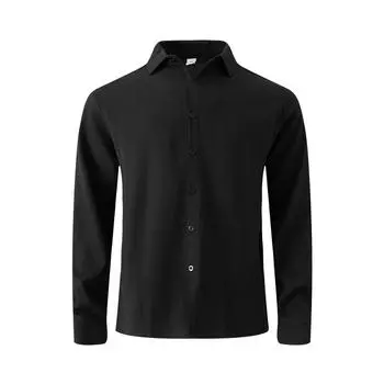 Мужская рубашка с длинным рукавом и лацканами, однотонная, с пуговицами, мужская повседневная однобортная рубашка с длинным рукавом в горошек L чёрный