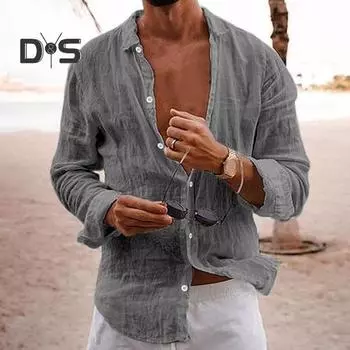 Мужская рубашка с длинным рукавом и лацканами, плиссированная, тонкая, однотонная, однобортная, с V-образным вырезом, повседневная, дышащая рубашка L серый