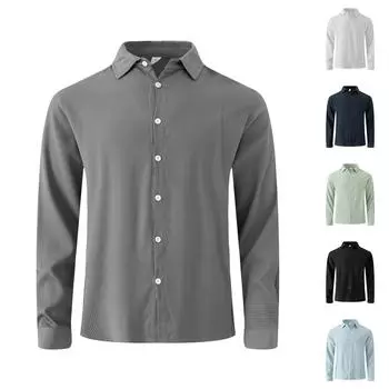 Мужская рубашка с длинным рукавом и лацканами, однотонная, с пуговицами, мужская повседневная однобортная рубашка с длинным рукавом в горошек L чёрный