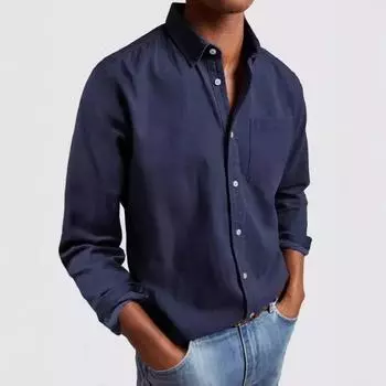 Мужская рубашка с длинным рукавом и лацканами больших размеров, однотонная, винтажная S синий
