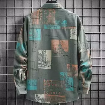 Мужская рубашка с длинным рукавом и принтом 2022 года — модная куртка свободного кроя на весну и осень 2XL зелёный