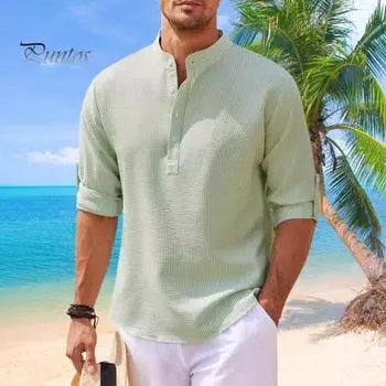 Мужская рубашка с длинным рукавом и запонками с воротником-стойкой Половина однобортного пуловера Средней длины Сплошной цвет Плюс Размер Повседневный офисный деловой топ M розовый