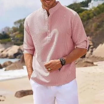 Мужская рубашка с длинным рукавом и запонками с воротником-стойкой Половина однобортного пуловера Средней длины Сплошной цвет Плюс Размер Повседневный офисный деловой топ M розовый