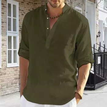 Мужская рубашка с длинным рукавом и запонками, полуоткрытый воротник-стойка, пуловер средней длины, однотонная домашняя одежда, повседневный офисный деловой топ M чёрный