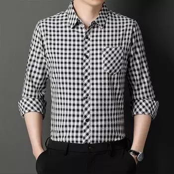 Мужская рубашка с длинным рукавом из хлопка и льна, повседневная рубашка в клетку с настоящим карманом на весну и осень M