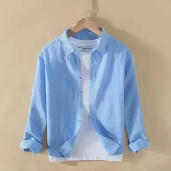 Мужская рубашка с длинным рукавом из хлопка и льна — повседневная, дышащая, свободного кроя 2XL хаки