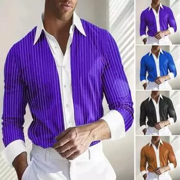Мужская рубашка с длинным рукавом, лацканами, дизайном, рубашка с пуговицами, планкой, полосатым принтом, цветная рабочая рубашка в стиле пэчворк M фиолетовый